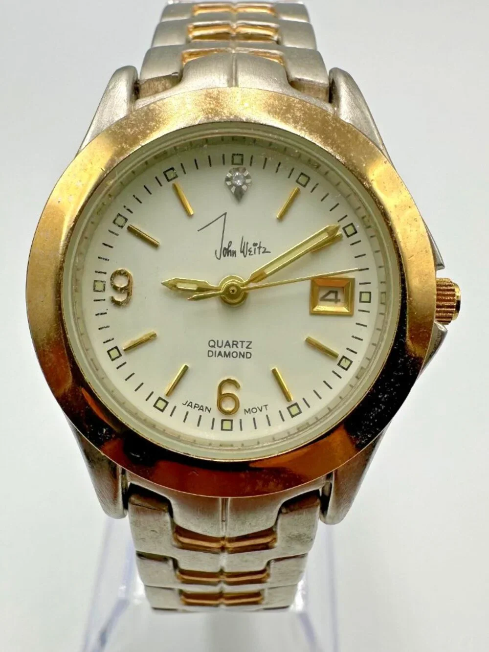 John Weitz Watch Women Silver Gold Two Tone Date Window New Battery 7 Inch